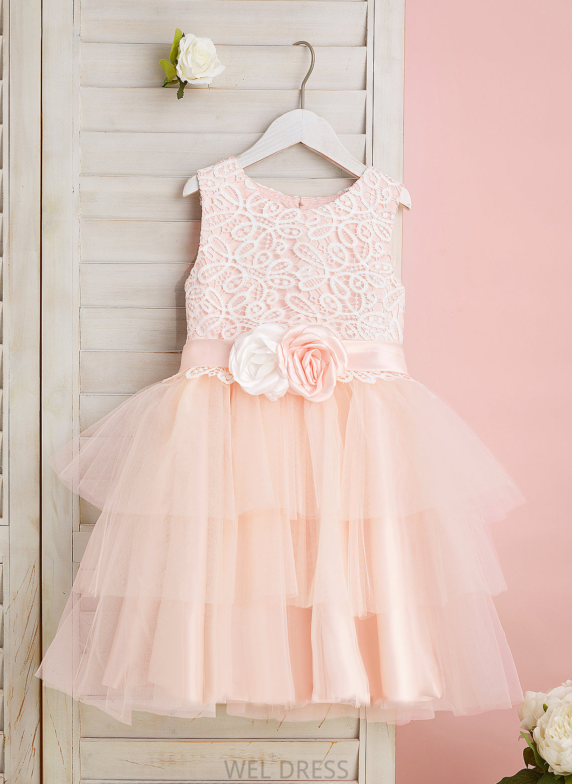 With Flower Neck Matilda Satin/Tulle Scoop Hole Flower Girl Dresses - Lace/Flower(s)/Back Dress Girl Sleeveless Knee-length Ball-Gown/Princess