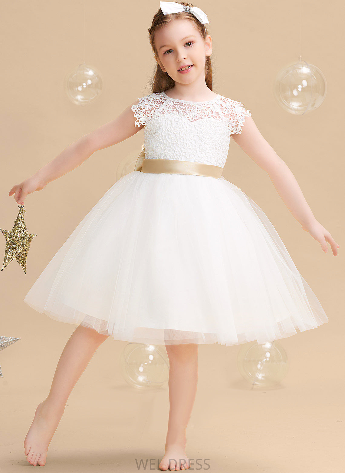 sash) Neck With A-Line Flower Girl Dresses (Undetachable Knee-length Flower Short Tulle/Lace Jaden Dress Scoop Sleeves Girl - Sash/Bow(s)