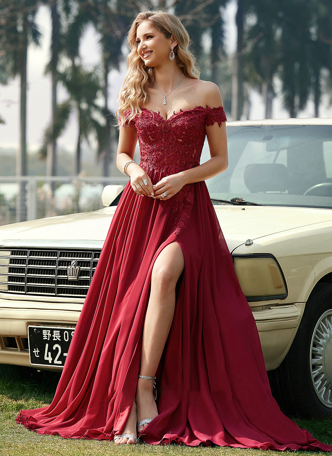 Chiffon With Lace Kimora Sweep A-Line Sequins Off-the-Shoulder Prom Dresses Train