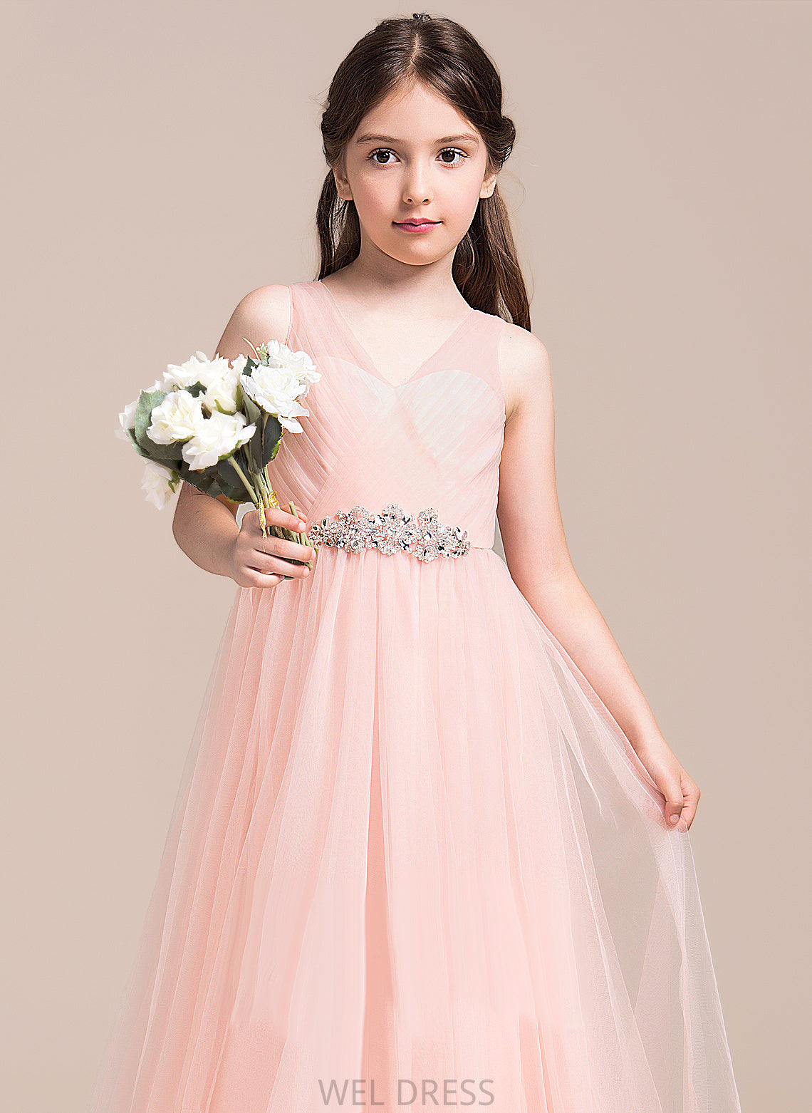 V-neck A-Line Flower Girl Dresses With Flower Sleeveless - Dress Floor-length Ruffles/Beading/Sequins Tulle Girl Audrey