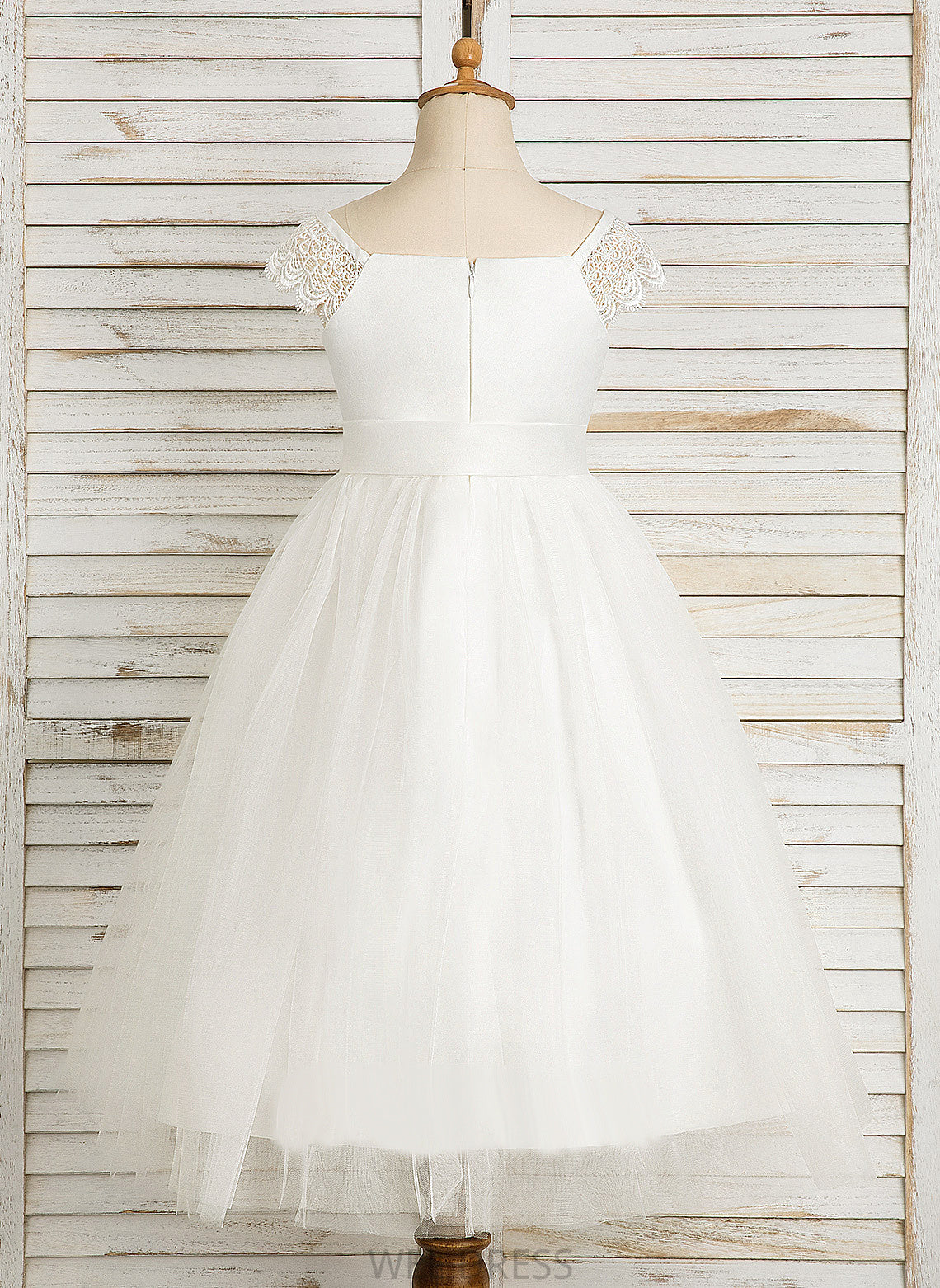 Dress Girl Tea-length Square Satin/Tulle - Flower Girl Dresses With Flower A-Line Sleeveless Tamara Neckline Lace/Sash