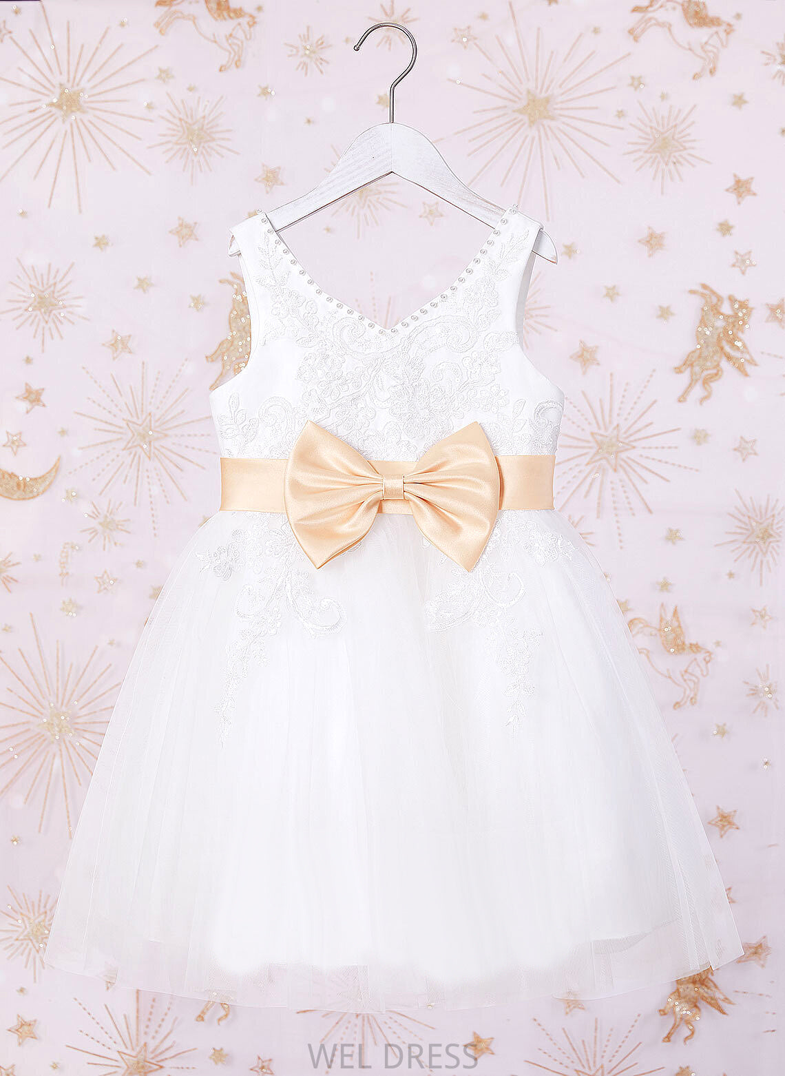 V-neck Flower Girl Dresses Knee-length A-Line - With Girl Flower Sash/Beading/Bow(s) Tulle/Lace Ellen Dress Sleeveless