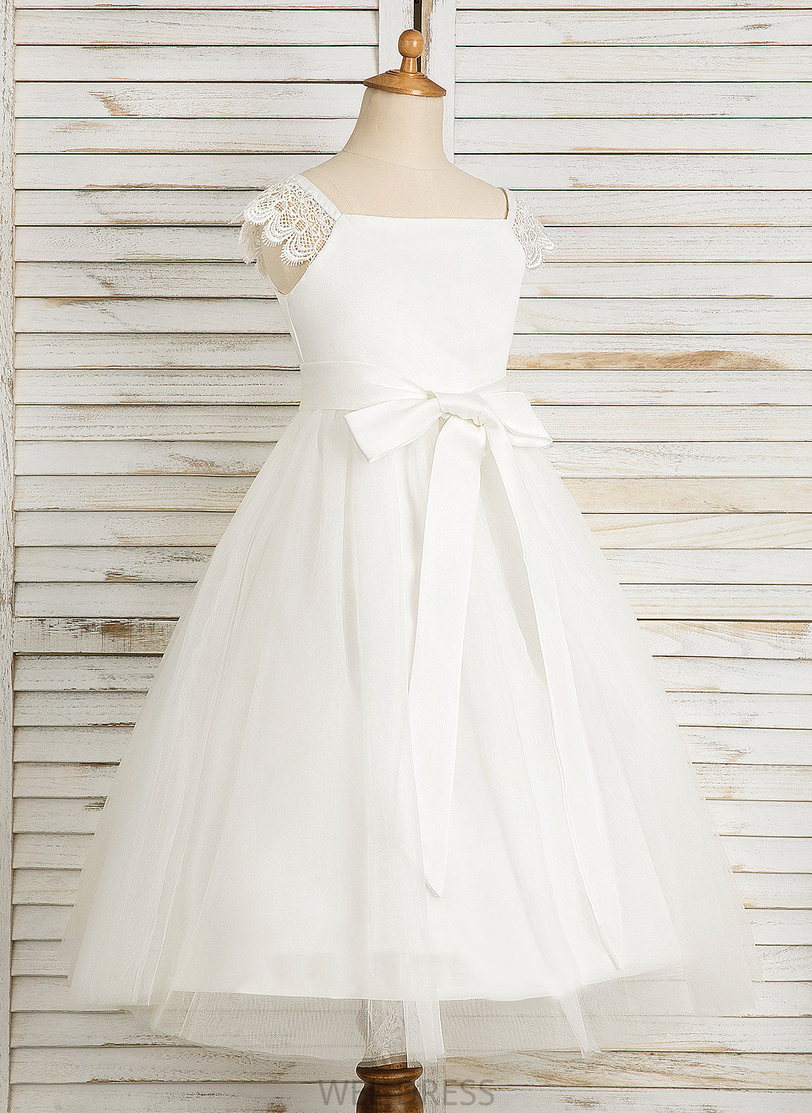 Dress Girl Tea-length Square Satin/Tulle - Flower Girl Dresses With Flower A-Line Sleeveless Tamara Neckline Lace/Sash