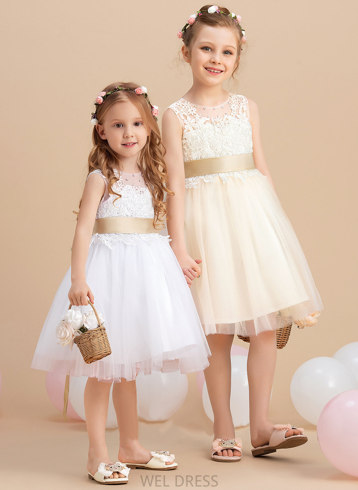 Neck Sash/Beading/Back With Hole Flower Girl Dresses Itzel - A-Line Girl Dress Scoop Sleeveless sash) (Detachable Knee-length Flower Tulle/Lace