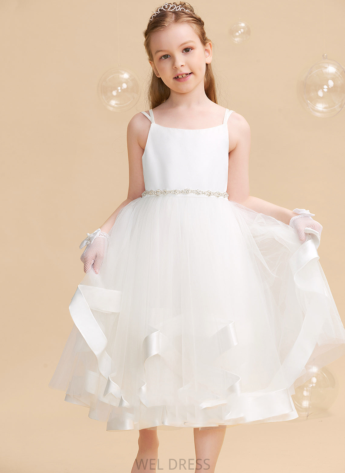 Tea-length Dress Flower Straps Girl - Carolyn Satin/Tulle Sleeveless Flower Girl Dresses With A-Line Beading