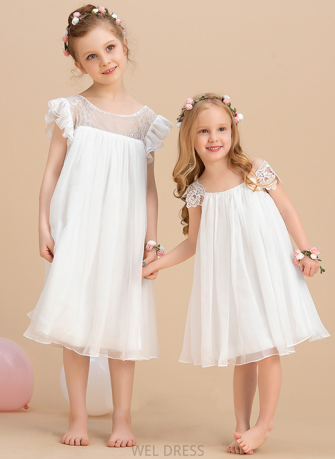 A-Line Sleeves Lace Scoop - Flower Girl Dresses Flower Dress Chiffon Short Knee-length Val With Neck Girl