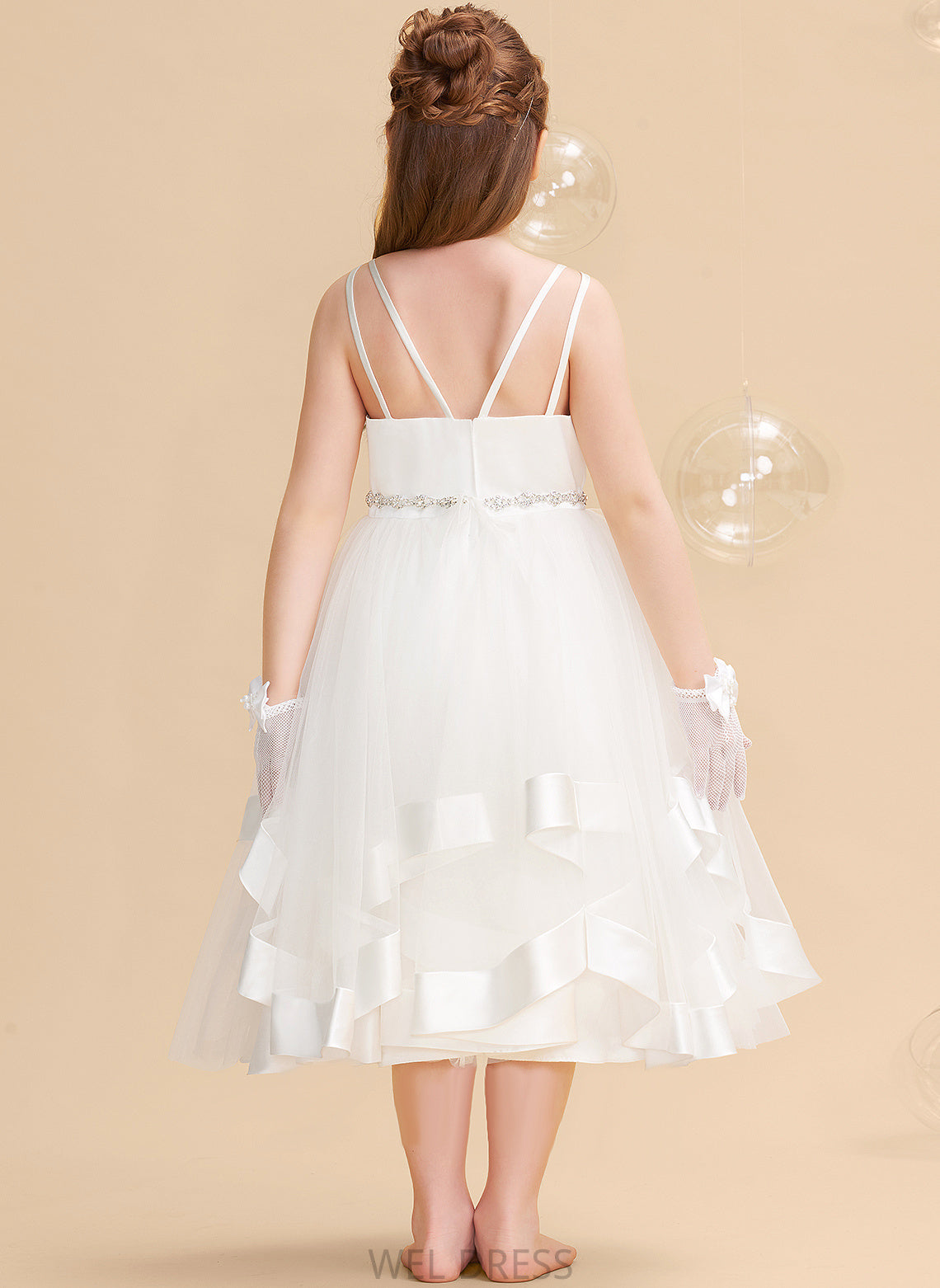 Tea-length Dress Flower Straps Girl - Carolyn Satin/Tulle Sleeveless Flower Girl Dresses With A-Line Beading