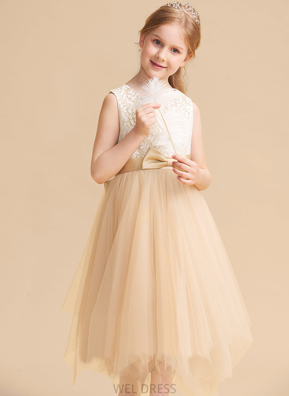 Dress Flower Carly Scalloped Flower Girl Dresses Neck With - A-Line Lace/Bow(s) Girl Tea-length Tulle Sleeveless