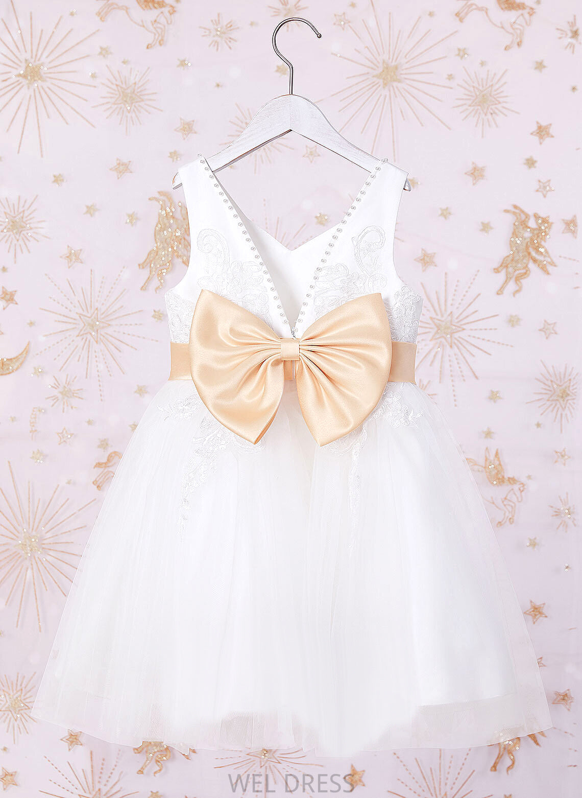 V-neck Flower Girl Dresses Knee-length A-Line - With Girl Flower Sash/Beading/Bow(s) Tulle/Lace Ellen Dress Sleeveless