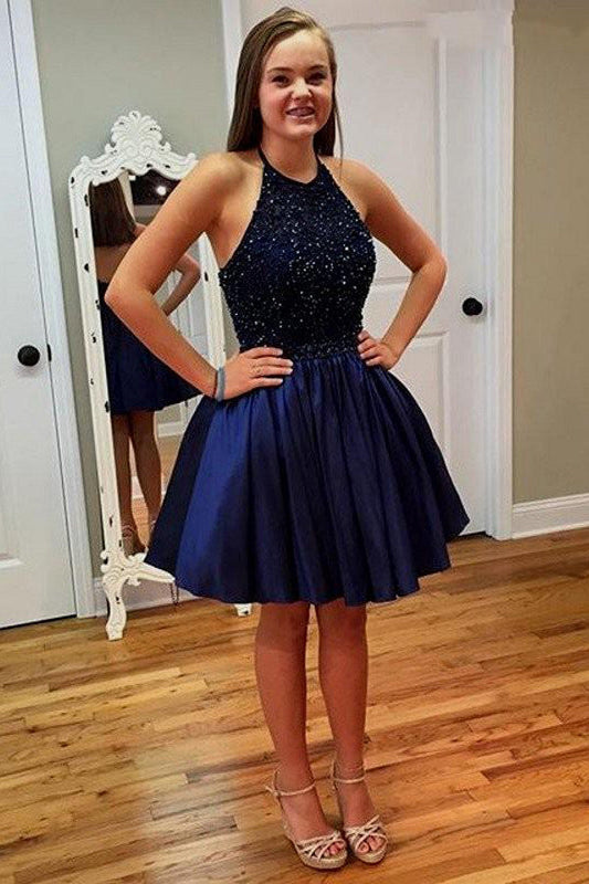 Blue Halter Sequins Beading Short Homecoming Dresses