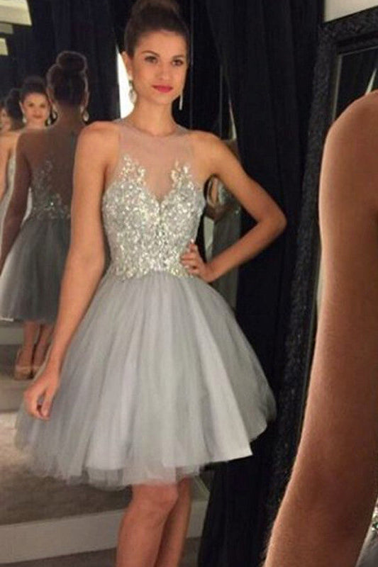 Gray Tulle Sleeveless Sheer Beading Short Homecoming Dresses