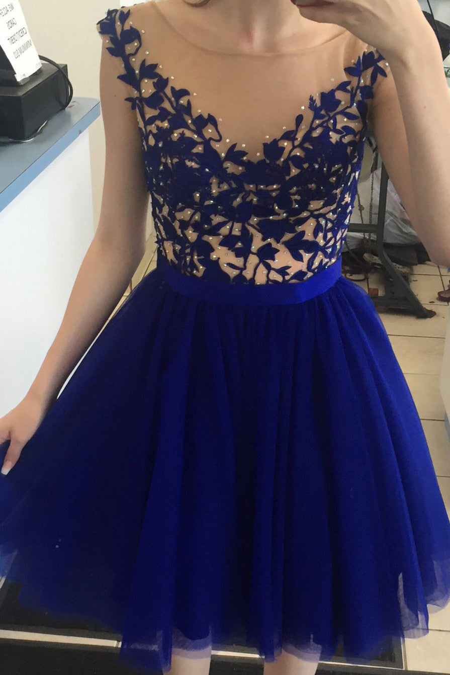 Royal Blue Bateau V-back Short Homecoming Dresses with Appliques