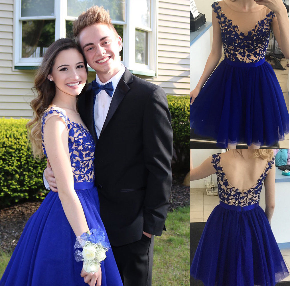 Royal Blue Bateau V-back Short Homecoming Dresses with Appliques