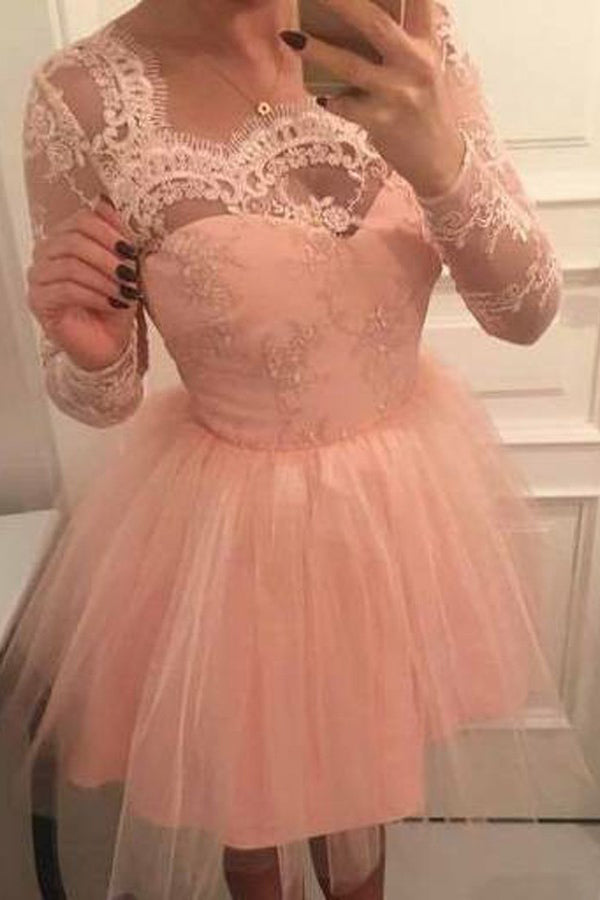 Long Sleeves Short Prom Tulle Homecoming Dresses with Appliques