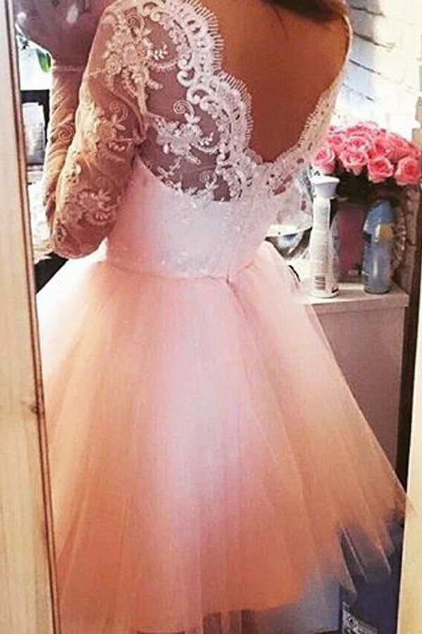 Long Sleeves Short Prom Tulle Homecoming Dresses with Appliques