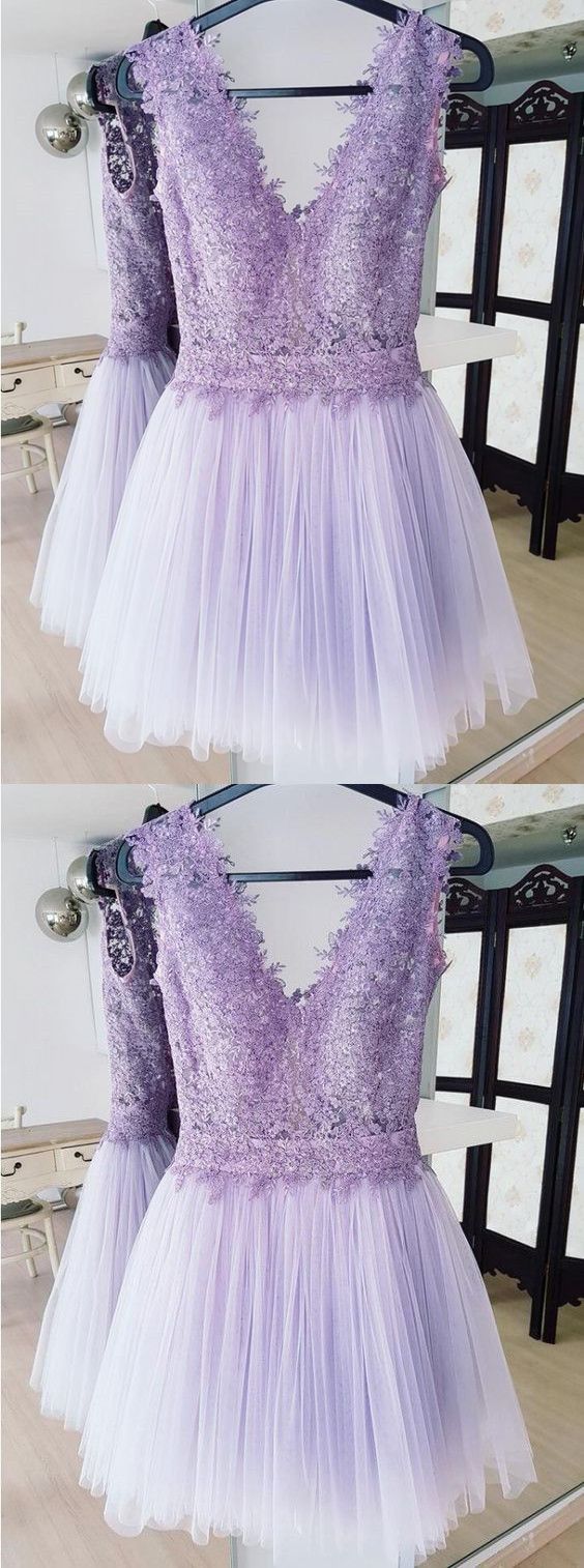 A-Line Deep V-Neck Backless Lilac Lace Homecoming Dresses Mckenna Short With CD23542