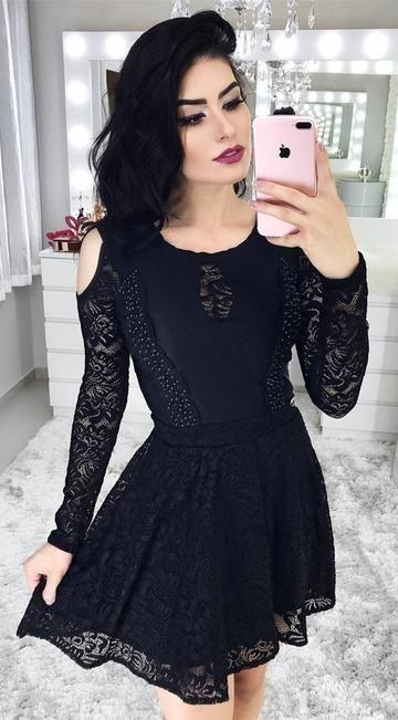 Long Sleeve Black For Teens Cold Shoulder Little Black Dress Semi Formal Dress For Junior Homecoming Dresses Nellie CD24438