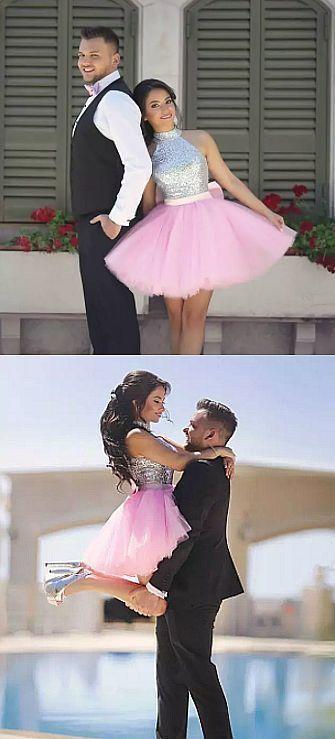 Cute Mini Short High Neck Homecoming Dresses Cocktail Shania Pink Light Tulle Sequins Mini Junior Party Dress CD420