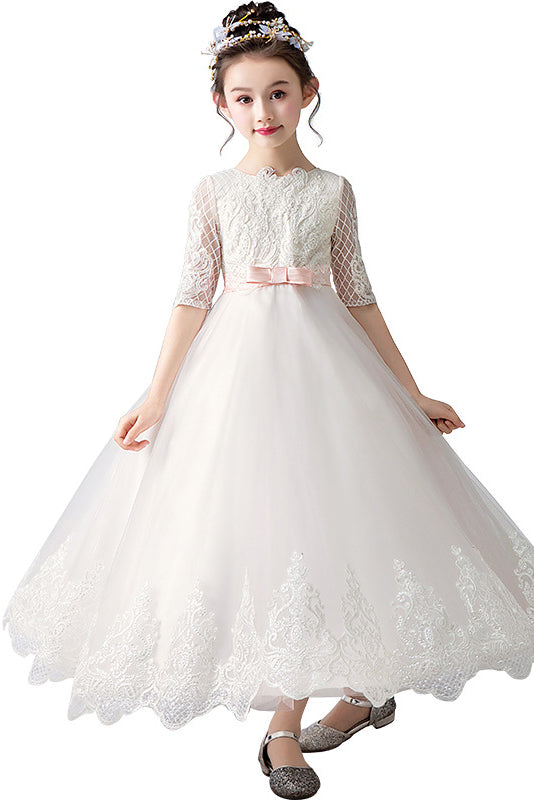 Elegant White Half Sleeves Lace Appliques Flower Girl Dresses