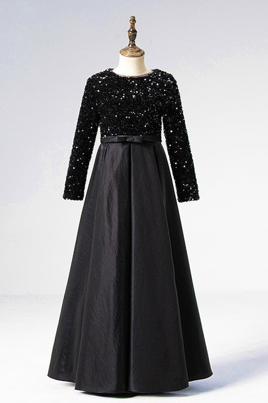 A Line Black Long Sleeves Beaded Flower Girl Dresses