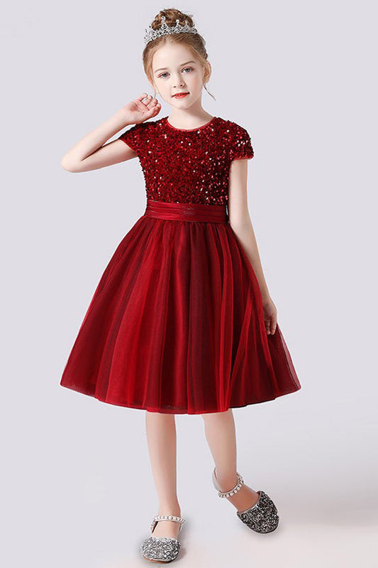 A- Line Cute Cap Sleeves Sequins Short Flower Girl Dresses