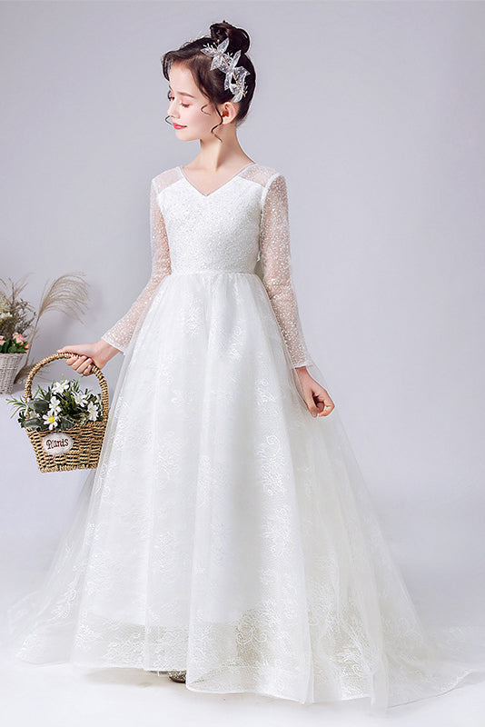 A Line Elegant Long Sleeve Lace Flower Girl Dress With Bownet