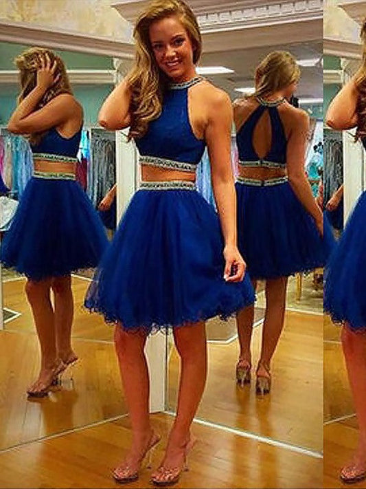 A-Line/Princess Sleeveless Halter Beading Homecoming Dresses Tulle Short/Mini Two Piece Dresses Makaila