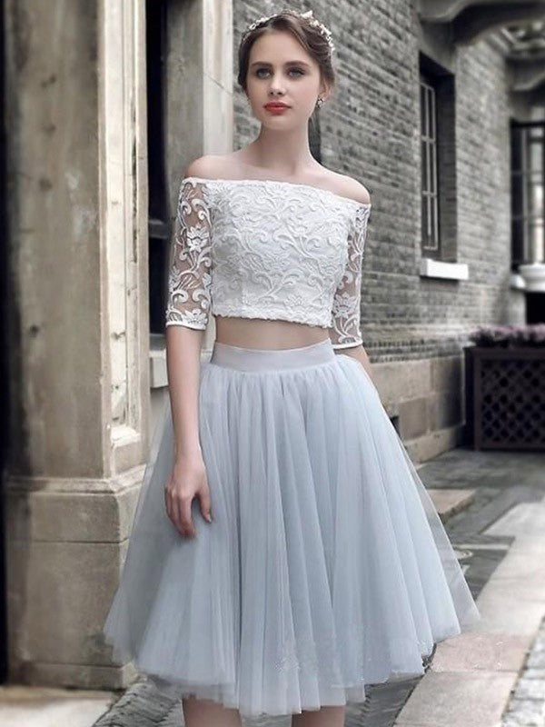 A-Line/Princess Tulle Homecoming Dresses Ruched Off-the-Shoulder 1/2 Mila Sleeves Knee-Length Two Piece Dresses