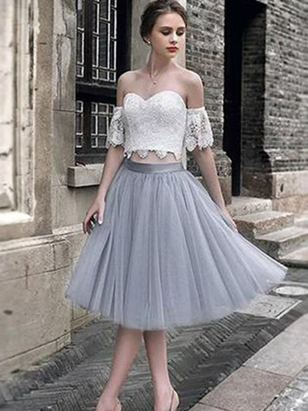 A-Line/Princess Lace Sweetheart Cynthia Tulle Sleeveless Tea-Length Homecoming Dresses Two Piece Dresses