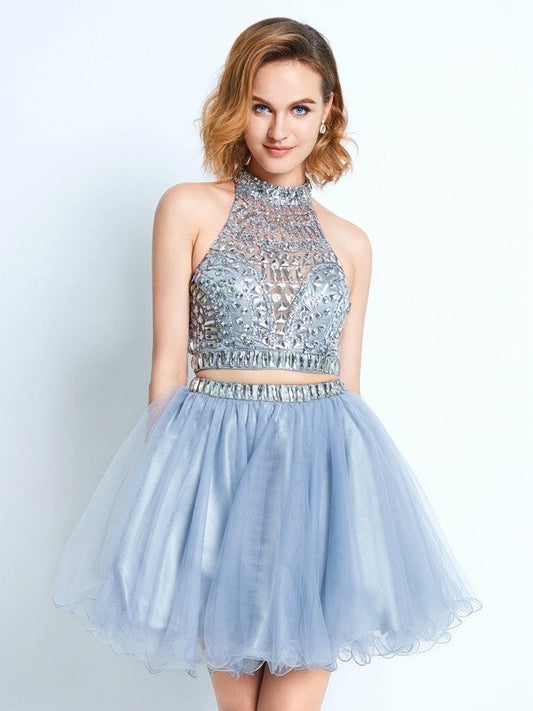 Homecoming Dresses A-Line/Princess High Neck Sleeveless Beading Short/Mini Net Julissa Two Piece Dresses