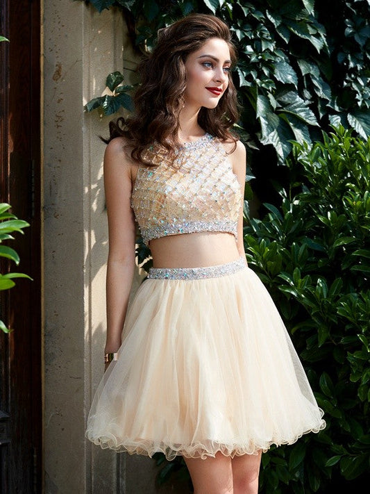 A-Line/Princess Alisa Scoop Net Sleeveless Homecoming Dresses Beading Short/Mini Two Piece