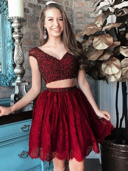 Homecoming Dresses A-Line/Princess V-neck Sleeveless Beading Short/Mini Lace Norah Two Piece Dresses