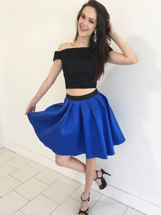 A-Line/Princess Sleeveless Homecoming Dresses Off-the-Shoulder Josephine Satin Ruffles Two Piece Short/Mini Dresses