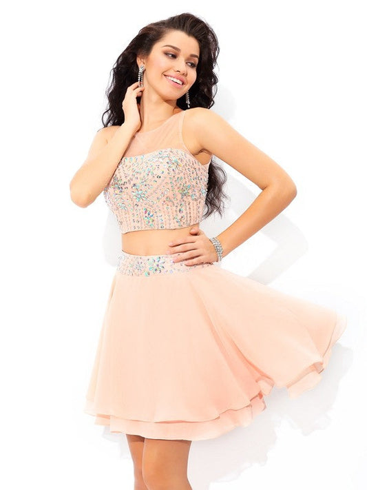 Homecoming Dresses A-Line/Princess Sheer Neck Beading Sleeveless Short Chiffon Two Piece Amya Dresses