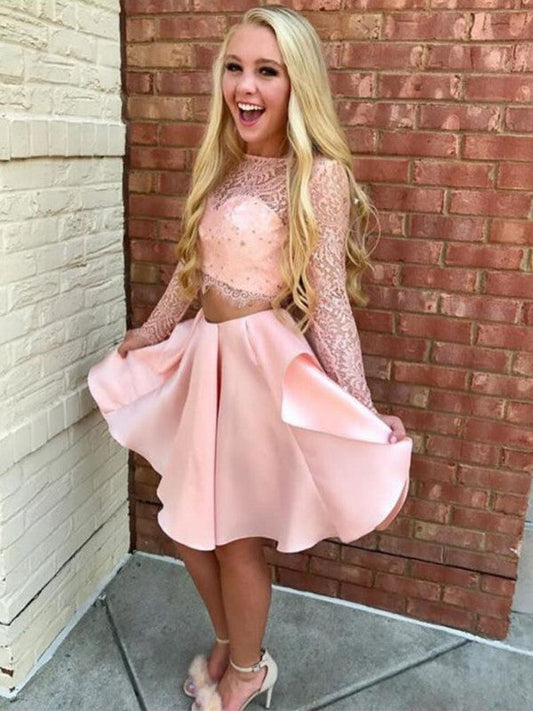 A-Line/Princess Long Sleeves Sheer Neck Brianna Satin Lace Short/Mini Homecoming Dresses Two Piece Dresses