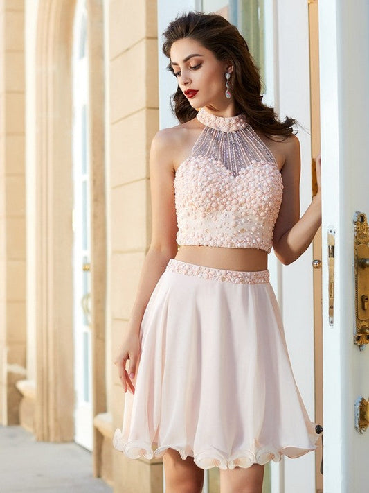 A-Line/Princess Halter Beading Sleeveless Chiffon Homecoming Dresses Alexa Short/Mini Two Piece Dresses