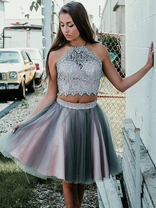 A-Line/Princess Applique Halter Homecoming Dresses Tulle Sleeveless Short/Mini Two Piece Finley Dresses