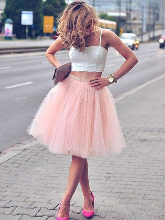 A-Line/Princess Tulle Sleeveless Pleats Spaghetti Straps Knee-Length Two Piece Homecoming Dresses Dresses Keira