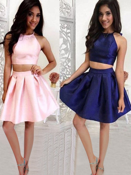 A-Line/Princess Ruffles Homecoming Dresses Halter Satin Rachel Sleeveless Short/Mini Two Piece Dresses