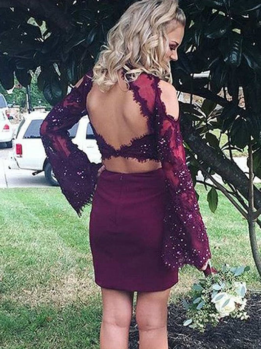 Sheath/Column Satin Scoop Homecoming Dresses Long Sleeves Aliza Applique Short/Mini Two Piece Dresses