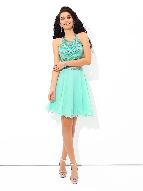 A-Line/Princess Sheer Neck Rhinestone Lauryn Homecoming Dresses Sleeveless Short Chiffon Two Piece Dresses